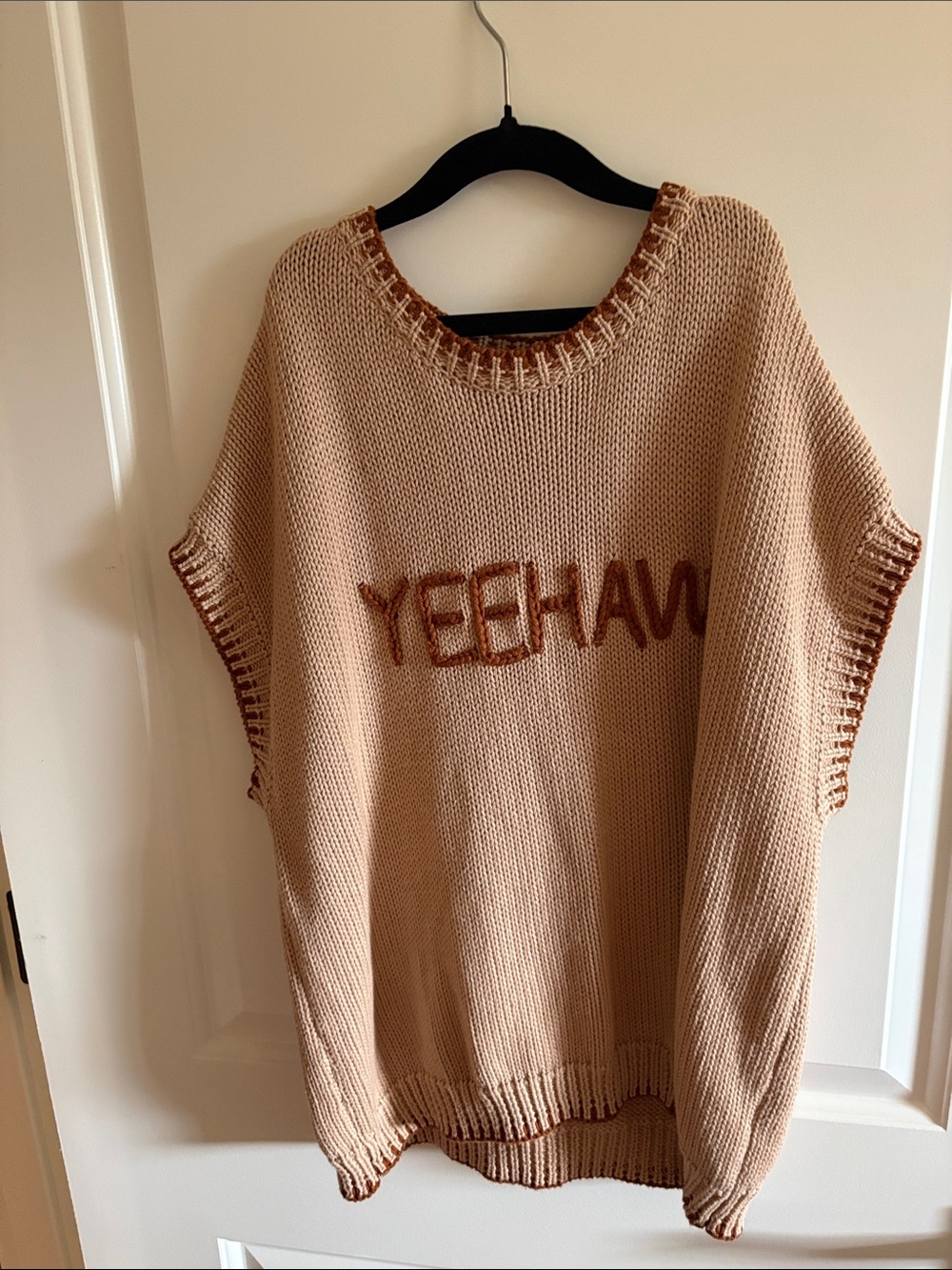 Wishlist Beige Knit Sweater Vest with Brown Trim and 'YEEHAW' Detail
